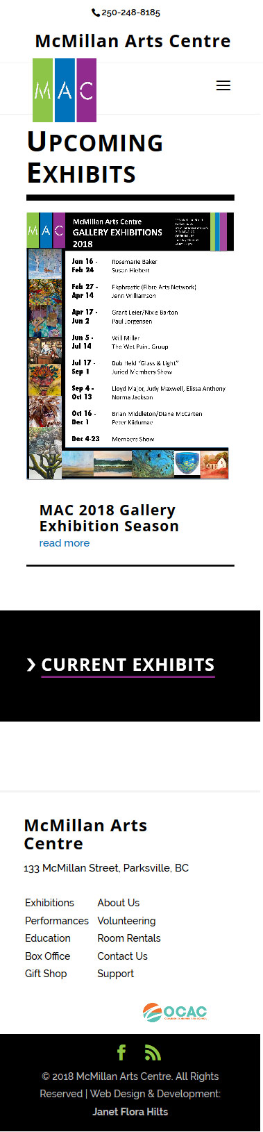 Upcoming exhibits page in mobile view
